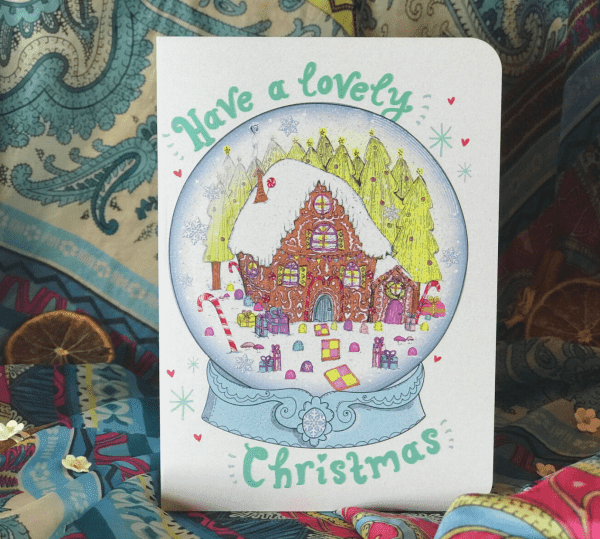 Gingerbread Christmas Cards by Kia Creates ft. Gingerbread House and Snowglobe (illustrated holiday cards)