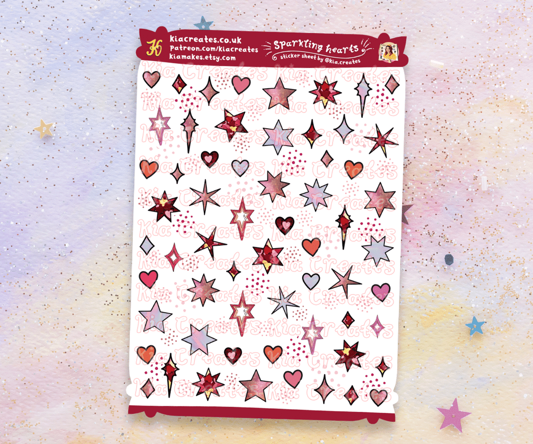 Sparkling Heart Stickers - Stars and Hearts Festive Doodle Deco Sticker Sheet