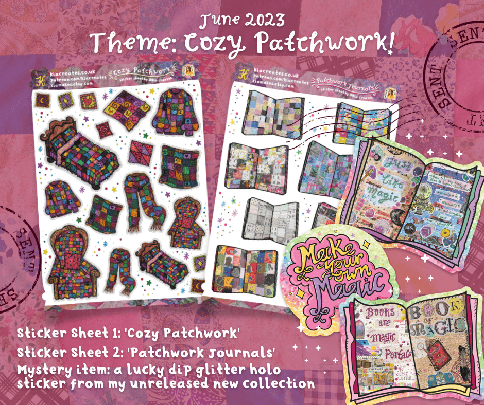 Cozy Patchwork Stickers - June 2023 - Halloween Theme Stickers for The Journal Club - sticker subscription uk by Kia Creates