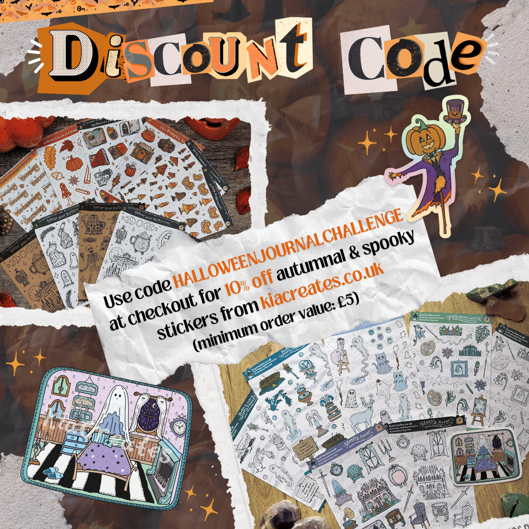Discount code for spooky Halloween stickers for Halloween Journal Challenge 2023 by Kia Creates