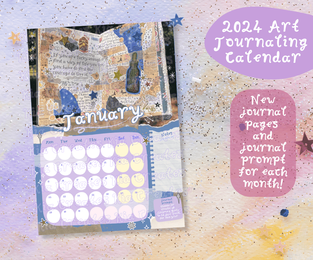 2024 Art Journaling Calendar by Kia Creates - creative inspiration and journal ideas wall calendar with journal prompts