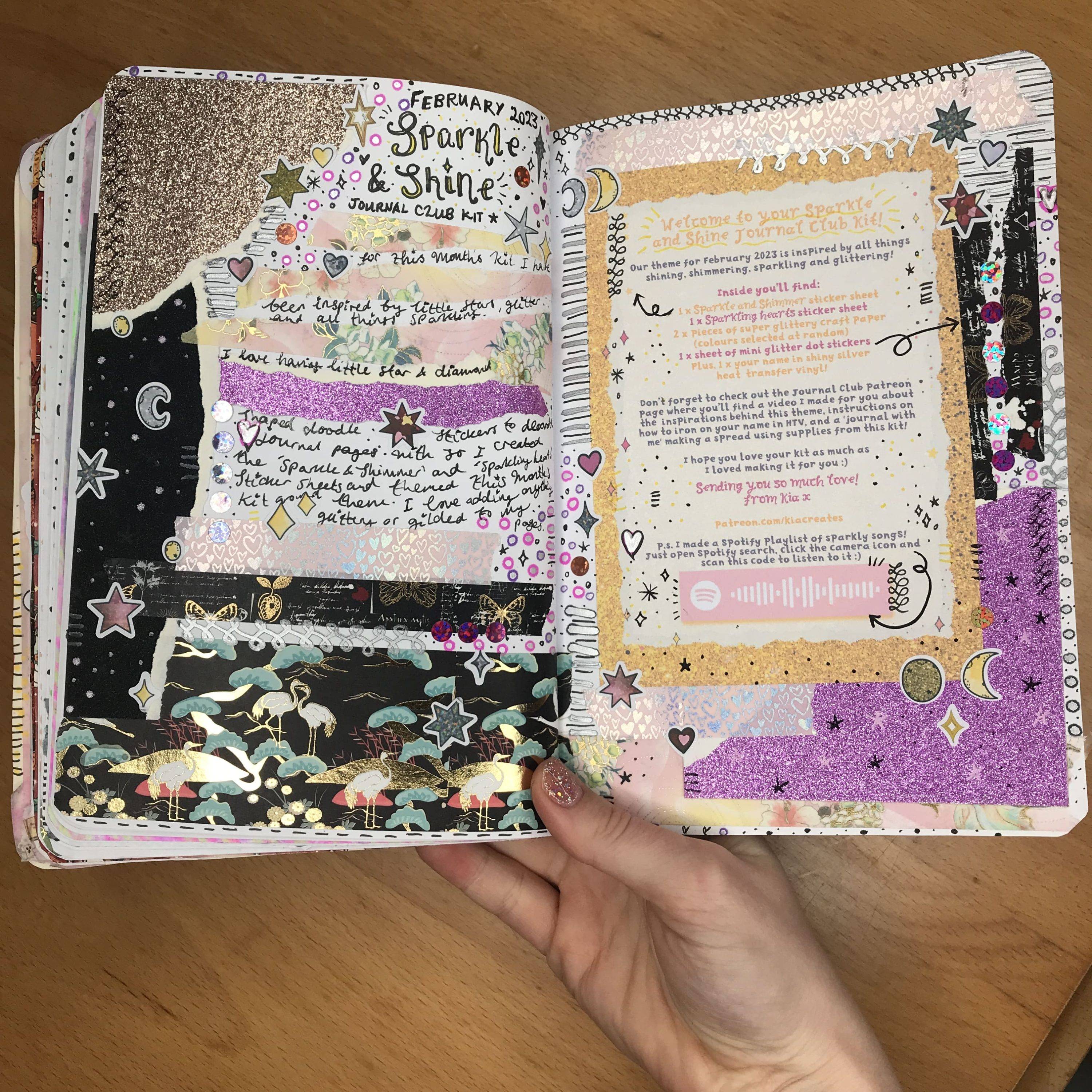 Mixed media art journal spread featuring Sparkle and Shimmer Stickers and Sparkling Heart Stickers by Kia Creates