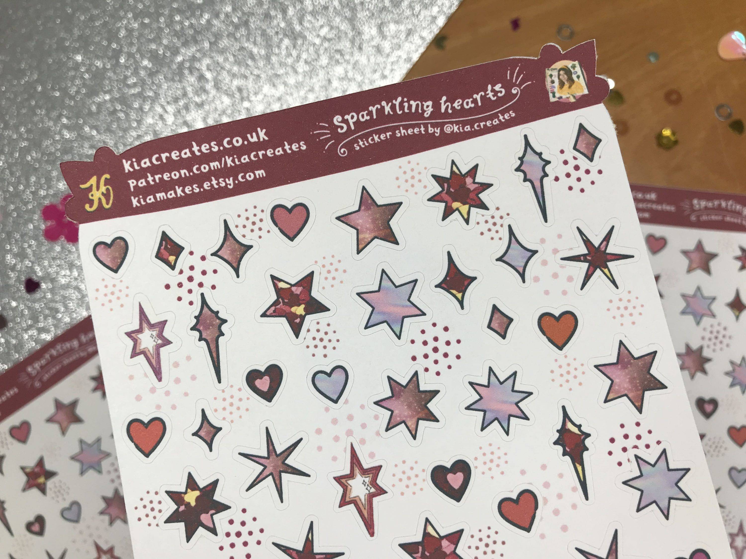 Sparkling Heart Stickers by Kia Creates - Festive heart doodle stickers and star doodle stickers - deco planner sticker sheet