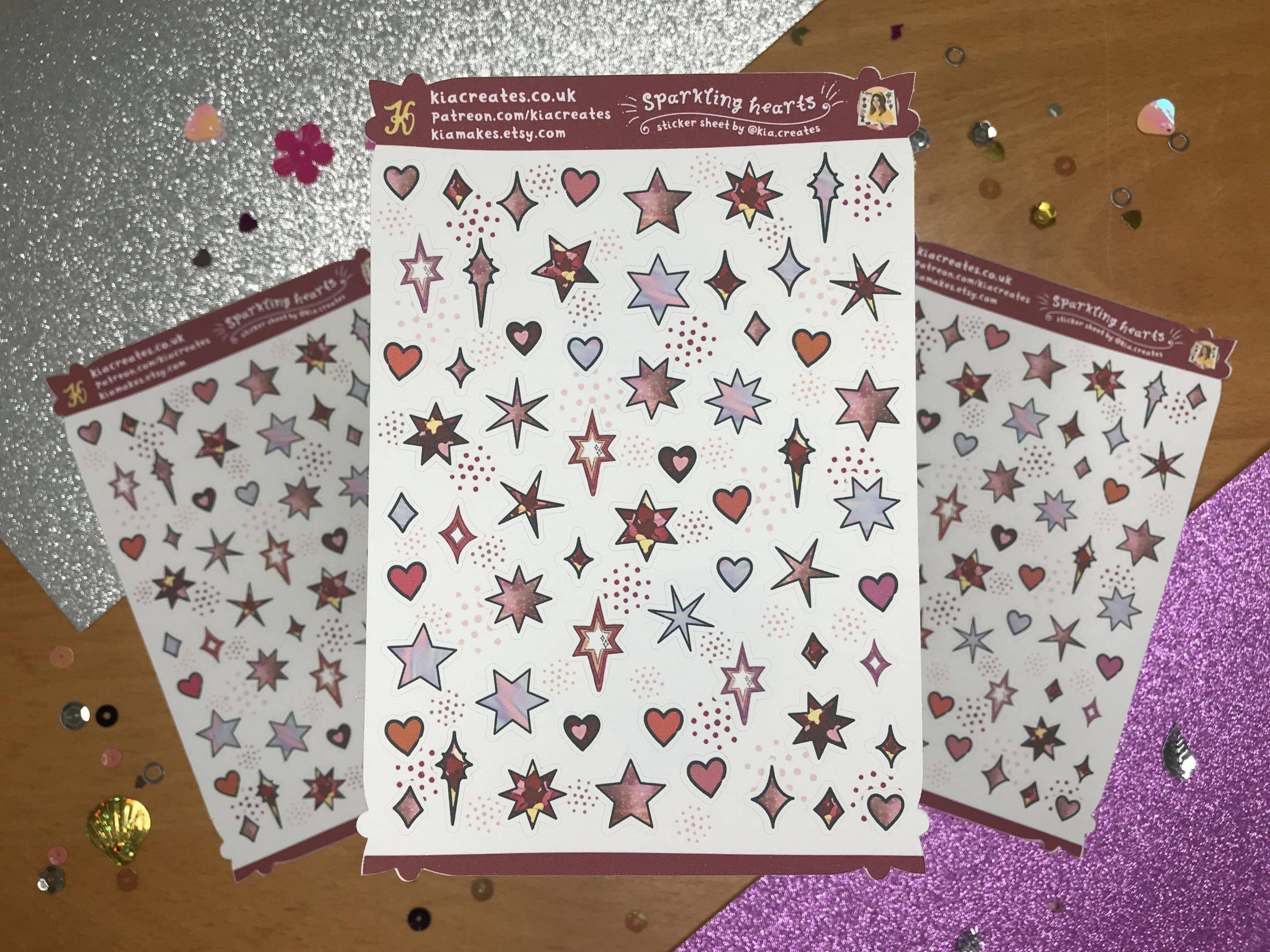 Sparkling Heart Stickers by Kia Creates - Festive heart doodle stickers and star doodle stickers - decorative planner sticker sheet
