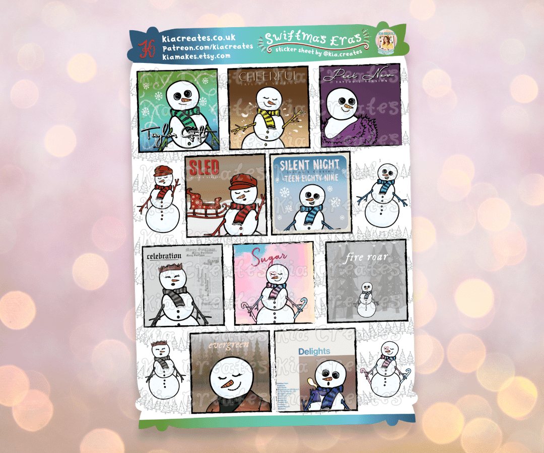 Swiftmas Sticker Sheet - Taylor Gift Eras - Christmas Stickers by Kia Creates - Swiftie Gifts - Cute snowman stickers