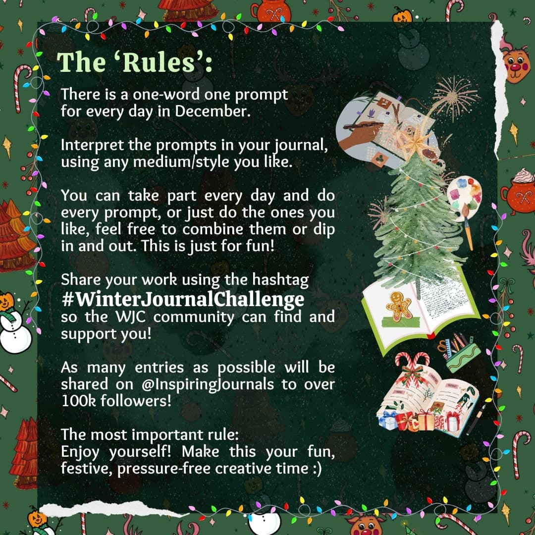 The Rules - Winter Journal Challenge Daily December Journal Prompts Christmas journal challenge by Kia Creates (1)