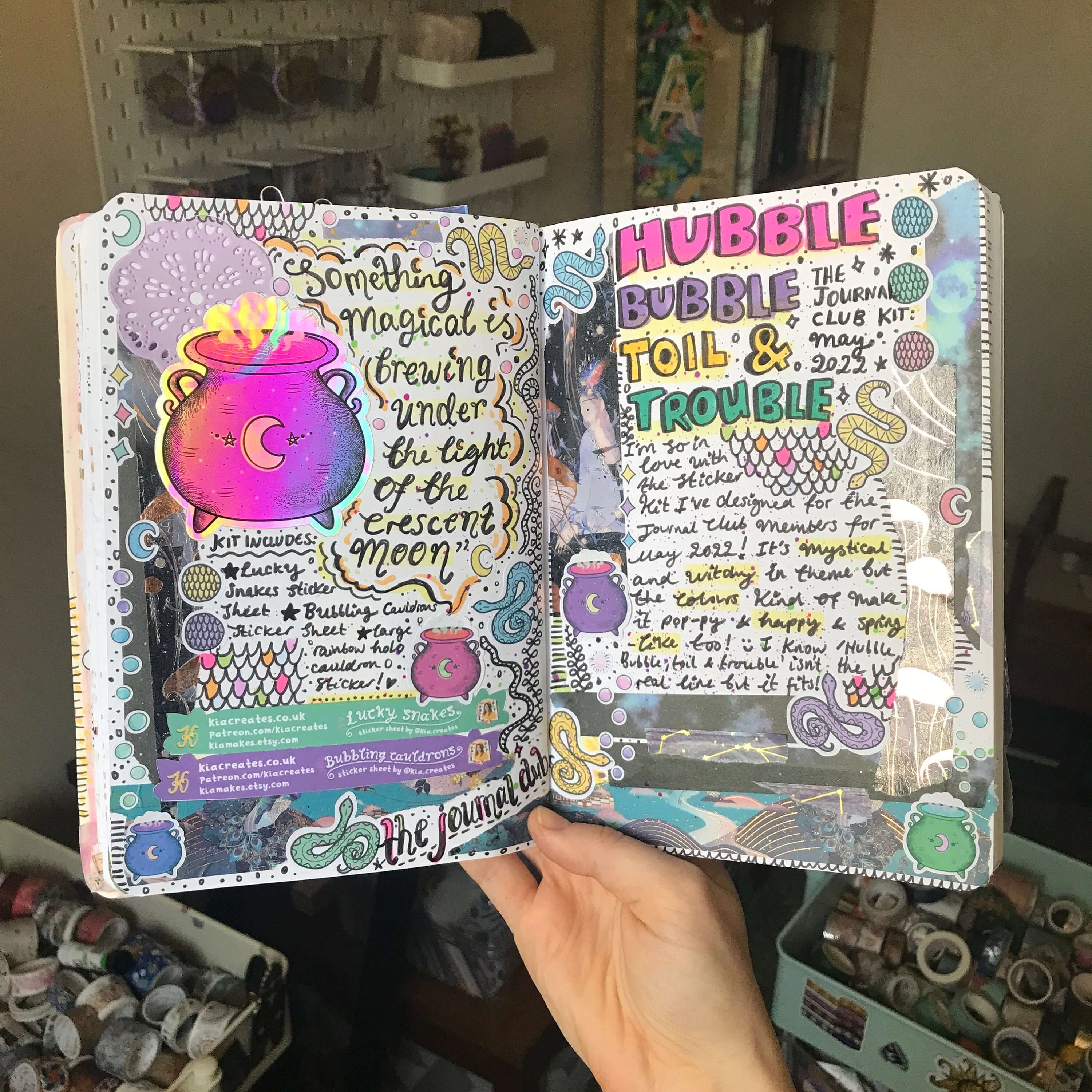 Witchy Creative Journal Spread by Kia Creates featuring Cauldron Holographic Sticker - Lucky Snakes Sticker Sheet - Bubbling Cauldrons Sticker Sheet