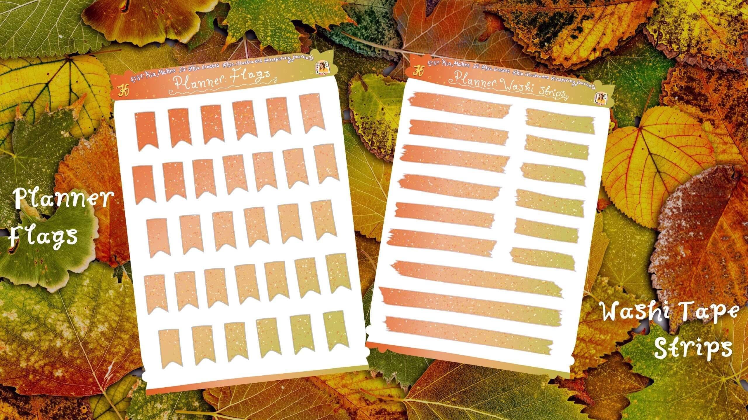 Planner stickers bundle - Autumn orange - flags and washi tape strips
