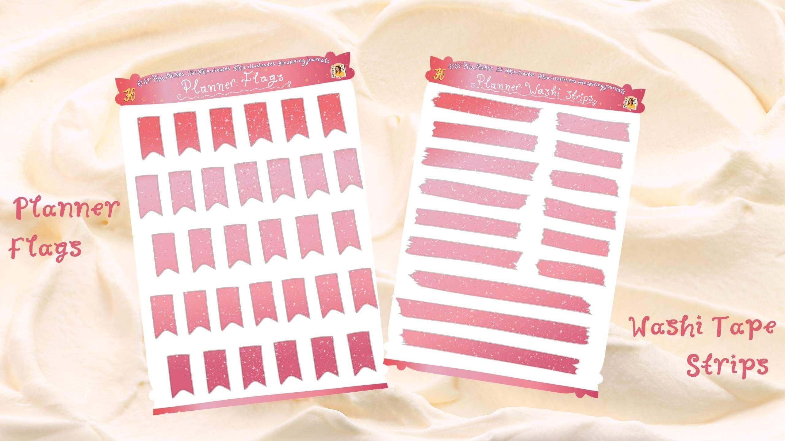 Planner stickers bundle - Strawberries and cream pink - flags and washi tape strips